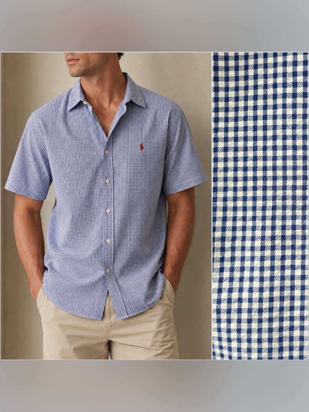 Ralph Lauren Button Up Short Sleeve Shirt Blue & White Gingham Checkered Size XL